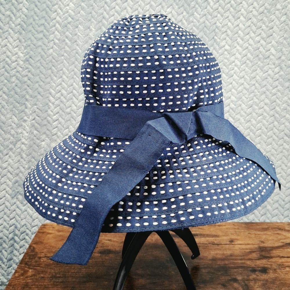 Sunday Afternoons Navy Blue White Polka Dot Sun Hat Wide Brim Ribbon Bow Trim